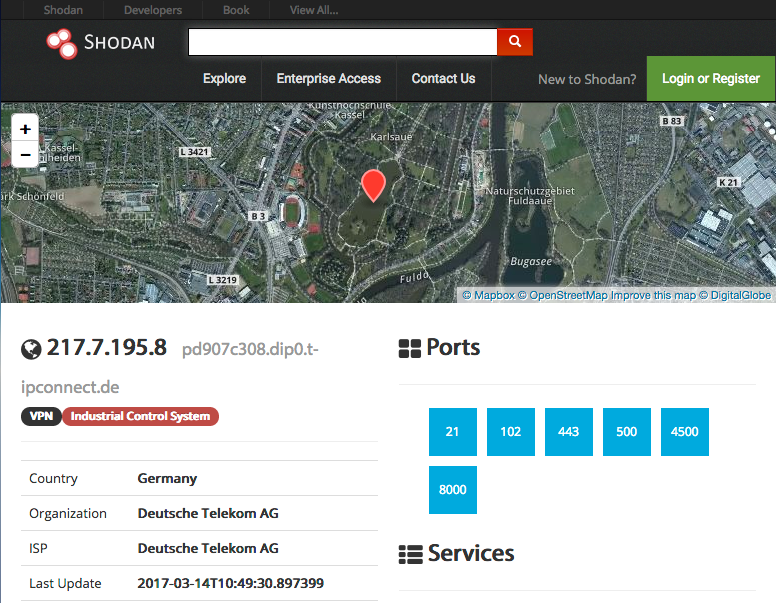 Screenshot der IP bei Shodan